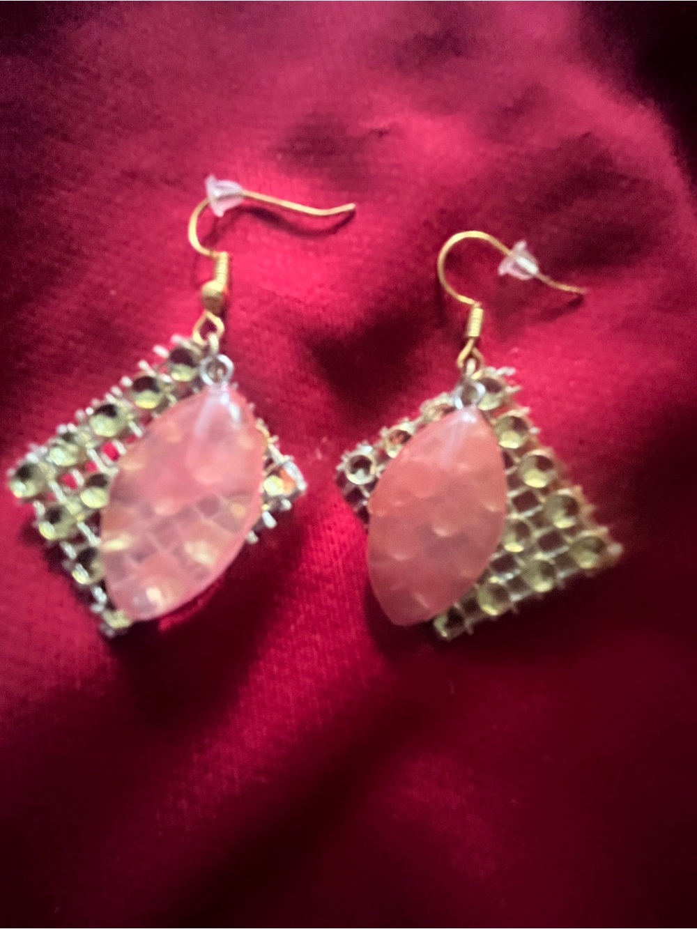 Hand Crafted Gold-Tone Cherry Quartz Teardrop Dangle Pierced Earrings Artisan